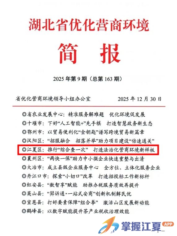 “进一次门，查多项事”——江夏区“综合查一次”改革为企业松绑赋能
